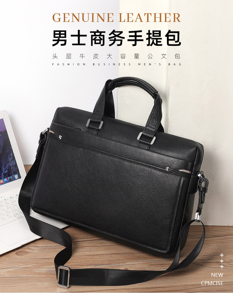 Túi xách tay nam da bò thật phong cách công sở, túi đeo chéo đựng laptop 15 inch — Màu đen chi tiết 1