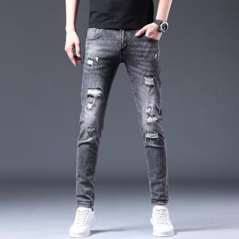 Vintage Distressed Ripped Skinny Jeans for Men, Slim Fit, Stretchy, Washed, Korean Style, Trendy, Ripped Pants 2025