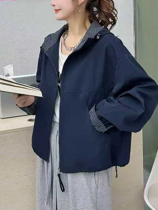 2025春季新款宽松大码连帽长袖工装风外套女 休闲百搭纯色棒球服|undefined