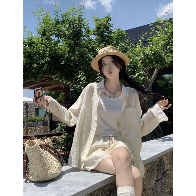 韓国スーツ夏ルーズ日焼け止め長袖シャツレターキャミソール巾着カジュアルショーツ 3 点セット|undefined