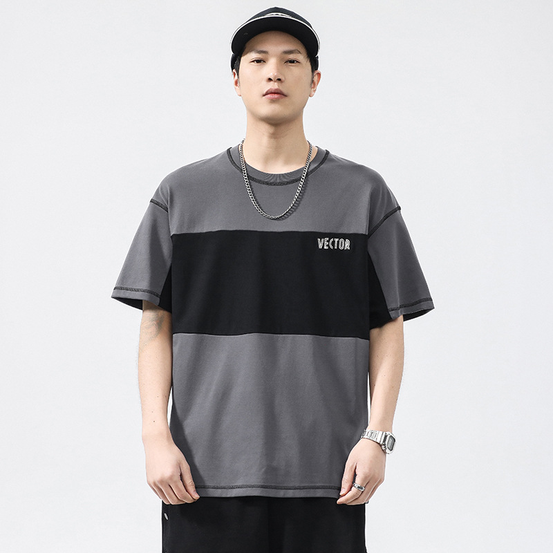 Men's summer new round neck T-shirt men's loose patchwork letter printed short sleeved shirt_voghion.com