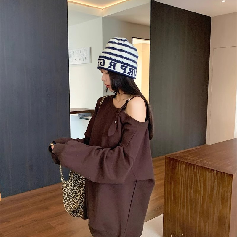 [40 Count Cool Silk Cotton] Brown One-Shoulder Oblique Shoulder Off-Shoulder Long-Sleeved T-Shirt Women's 2025 Autumn Fat mm Mid-Length Style