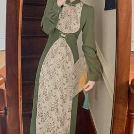 复古新中式改良旗袍法式小香风设计感小众绿色碎花连衣裙子女早春