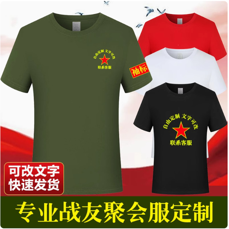 八一战友聚会短袖t恤定纪念衫老兵圆领短袖衣服冰丝刺印logo字