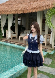 学院风减龄复古条纹假两件衬衫上衣夏季大码胖MM显瘦半身裙套装女