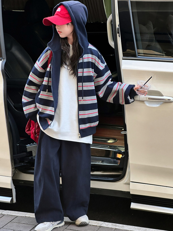 秋季中大女童休闲外套童装儿童女孩条纹帽衫卫衣拉链衫洋气百搭潮|undefined