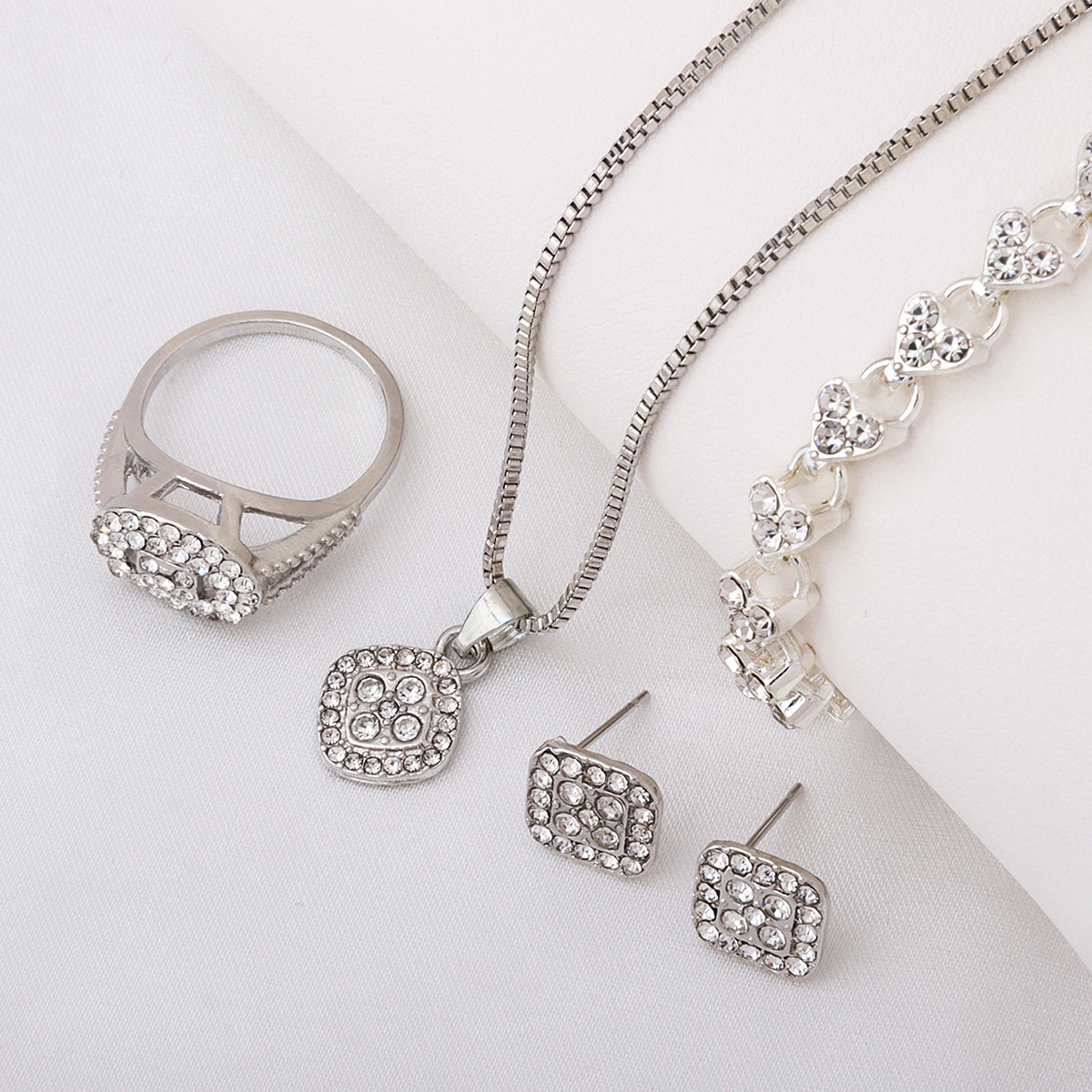 Cross-Border Hot-Selling Fashion Accessible Luxury Diamond Necklace Ring Earrings 4-Piece Set Geometric Jewelry Versatile Jewelry Set