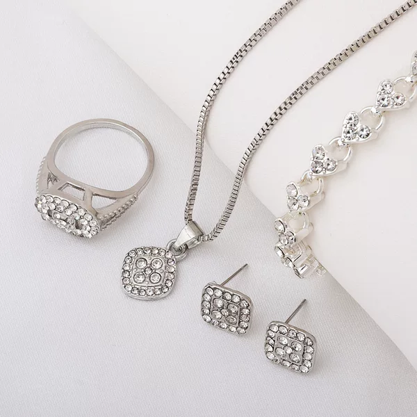 Cross-Border Hot-Selling Fashion Accessible Luxury Diamond Necklace Ring Earrings 4-Piece Set Geometric Jewelry Versatile Jewelry Set
