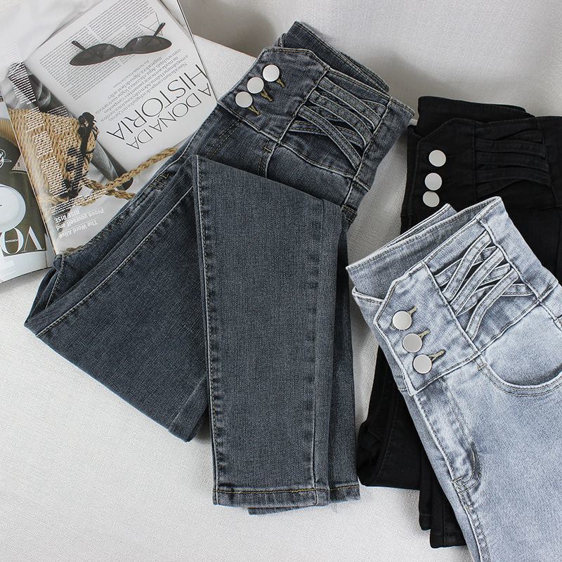 Single-row jeans women's autumn and winter three-button ultra high waist design sense belly contracting cropped tight pencil pants fashion Single-row jeans women's autumn and winter three-button ultra high waist design sense belly contracting cropped tight pencil pants fashion