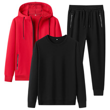 秋季新款运动针织套装纯棉三件套运动休闲裤圆领卫衣外套运动裤潮