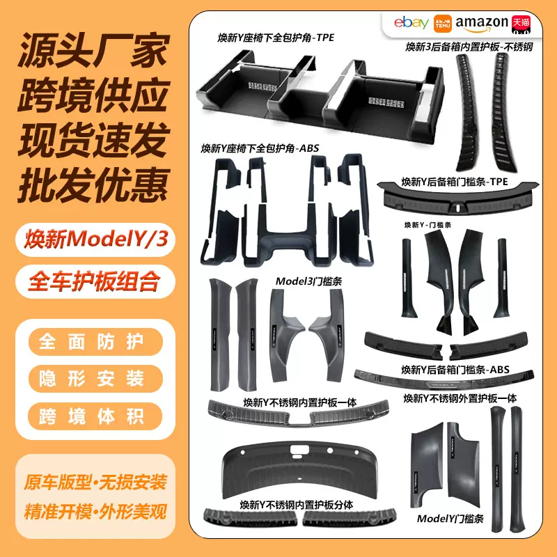适用特斯拉门槛条焕新ModelY3座椅全包护角车门护板后备箱保护板
