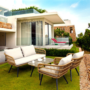 Outdoor Rattan Chair Sofa Combination Balcony Sales Office Scandinavian Courtyard Outdoor Waterproof Leisure Furniture Rattan Sofa P^