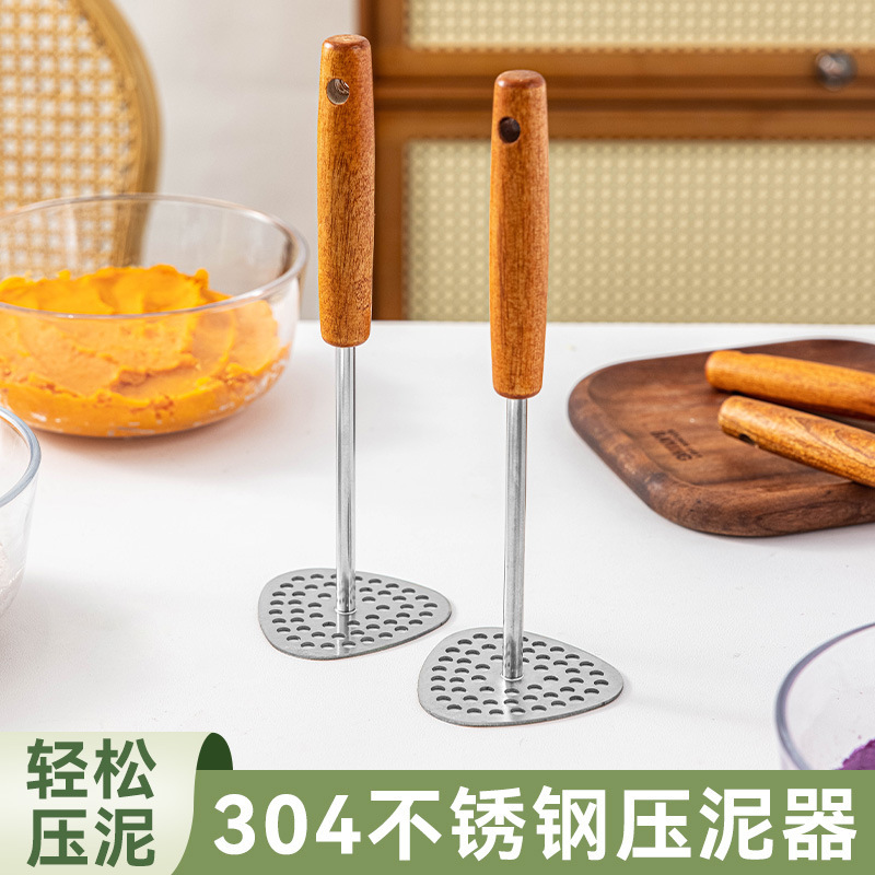 Wooden Handle Stainless Steel Potato Masher Potato Press Masher Potato Crusher Made of 316 Stainless Steel
