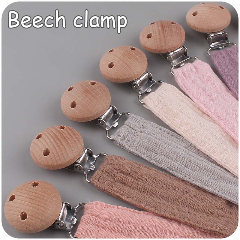 Nuevos suministros para bebés clip de chupete de haya calmante bebé cinta de algodón y lino cuerda de chupete tira de tela con cadena anti-caída