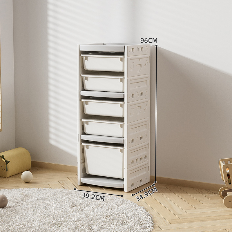 Juego de muebles infantiles de plástico con un armario de almacenamiento tipo cajonera de gran capacidad y varias capas para juguetes, para colocar contra la pared en la sala de estar.
