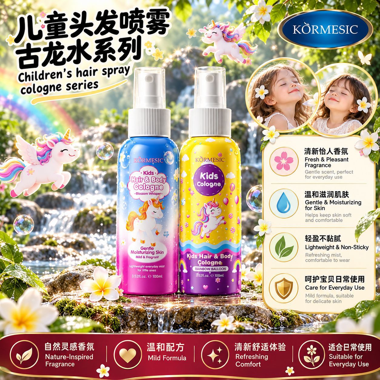 Full English KORMESIC children's hair and body 2-in-1 cologne with long-lasting fragrance, wholesale from manufacturer