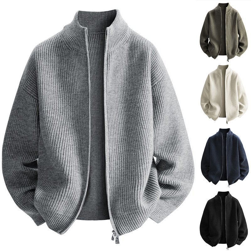 Stand Collar Cardigan Jacket Knitwear Men's High-End Lazy Style Double Zipper Autumn and Winter Knitwear Foreign Trade Cross-Border Wholesale