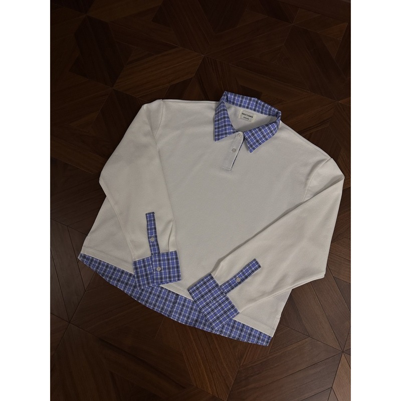 RTIMFD 藏蓝格纹假两件拼polo长袖卫衣cleanfit情侣宽松休闲卫衣|undefined