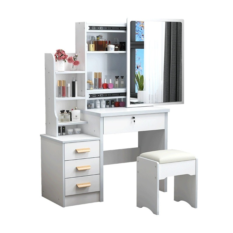 Tocador para apartamentos pequeños, montaje moderno y sencillo, espejo deslizante para dormitorio de princesa, mesa de maquillaje con panel de almacenamiento creativo.