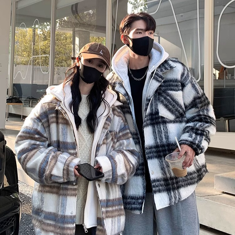 Abrigo a cuadros de dos piezas falso americano de otoño e invierno para hombre nuevo abrigo de algodón con capucha de lana retro grueso y cálido de marea nacional