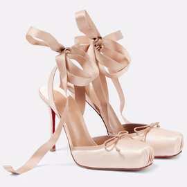欧美新款细高跟方头脚腕绑带缎面蝴蝶结芭蕾舞包头红色底大码凉鞋