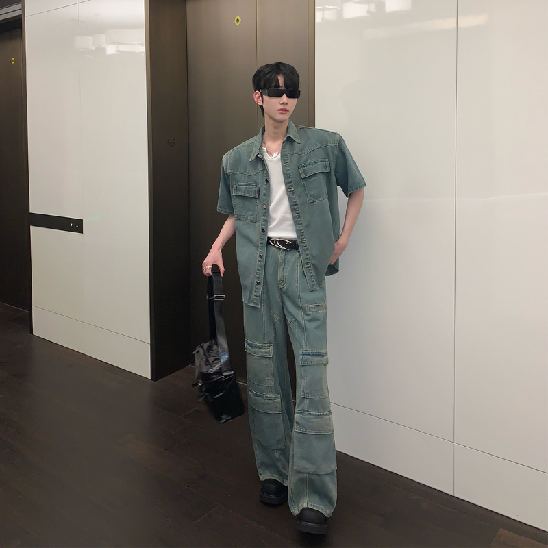 American High Street Niche Deconstructed Design Shoulder Pad Denim Shirt Men's Summer Loose Multi-Pocket Jeans Suit