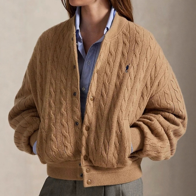 Rl Ralph Autumn and Winter Women's Retro Loose Cable-Knit Bomber Jacket Knit Sweater Coat Sheep Wool Sweater