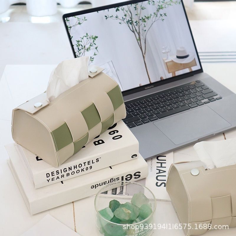 Modern simple woven chessboard Plaid tissue box home contrast color stitching tissue box leather tissue