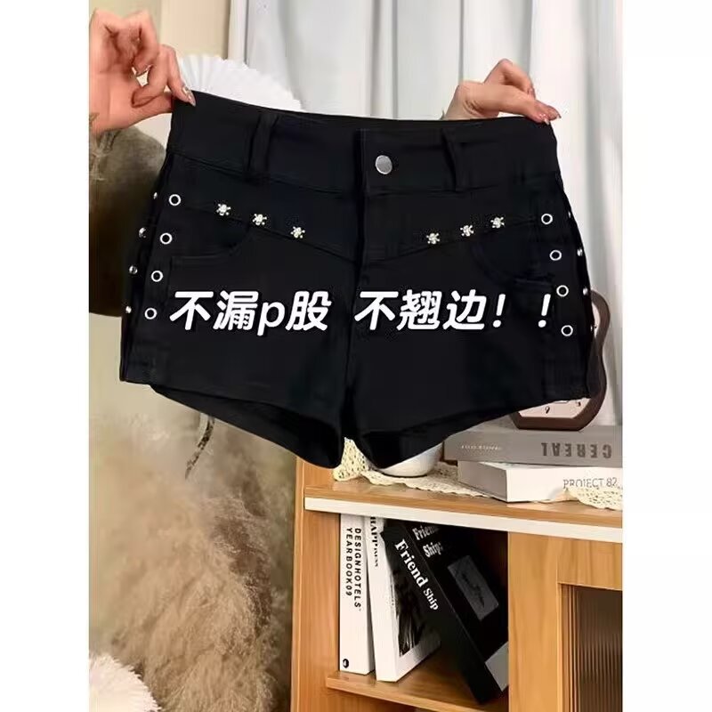 Black Rivet Low-Waist Denim Super Shorts for Women Summer New American Style Sexy Tight Y2K Slim Shorts Hot Pants