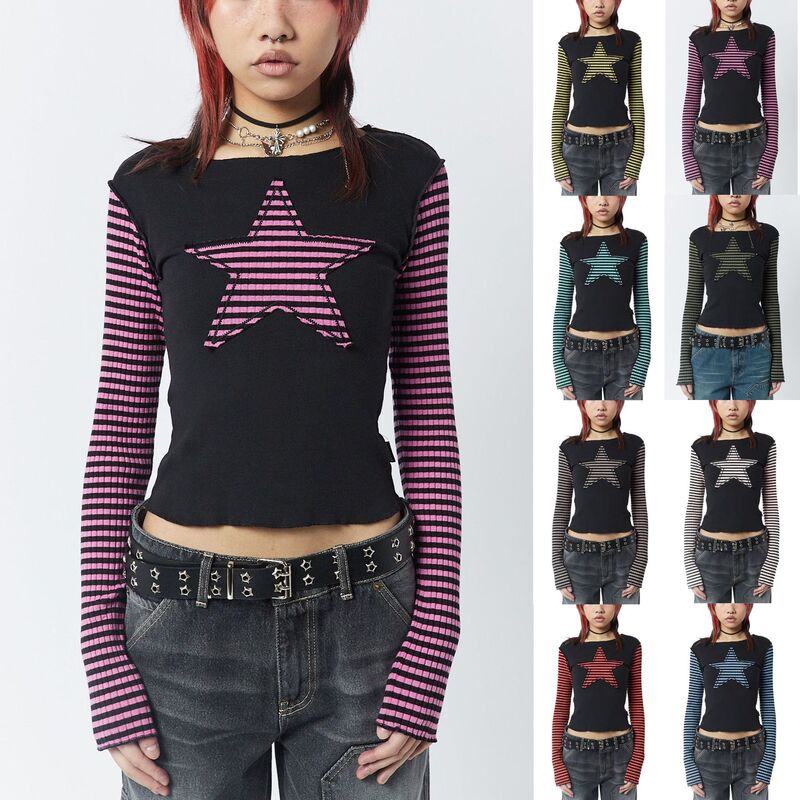 Cross-Border Y2K Star Stripesd Sweet and Cool Women's Long-Sleeved Stripesd Splicing T-Shirt Five-Pointed Star Embroidered Casual Top 3324