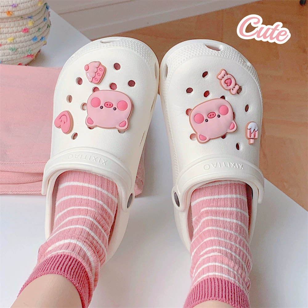 Простые уличные сандалии с закрытым носком в виде милой мультяшной свиньи для девочек, женские летние пляжные каникулы, удобная обувь с дырками