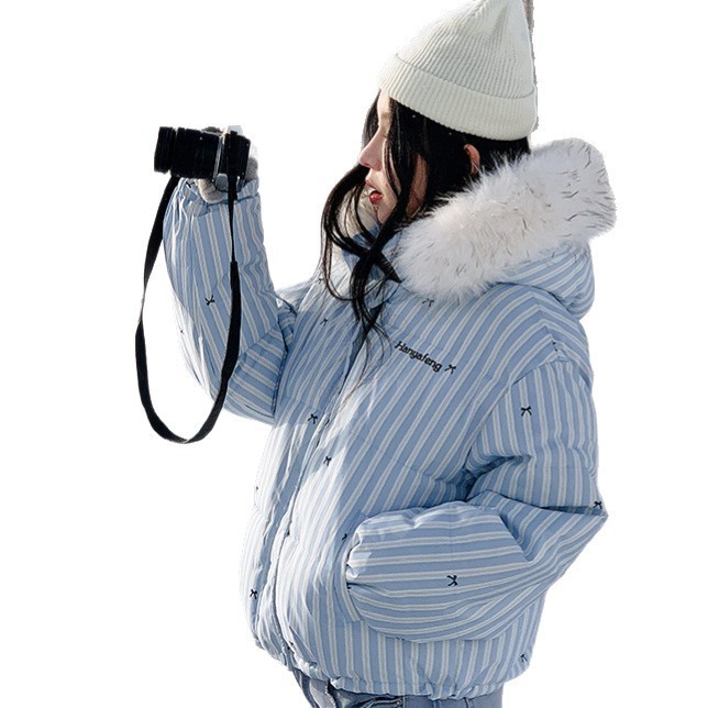 Moda coreana a rayas empalmado cuello con capuchón corto de algodón mujer invierno impresión de arco engrosado chaqueta de algodón image 5
