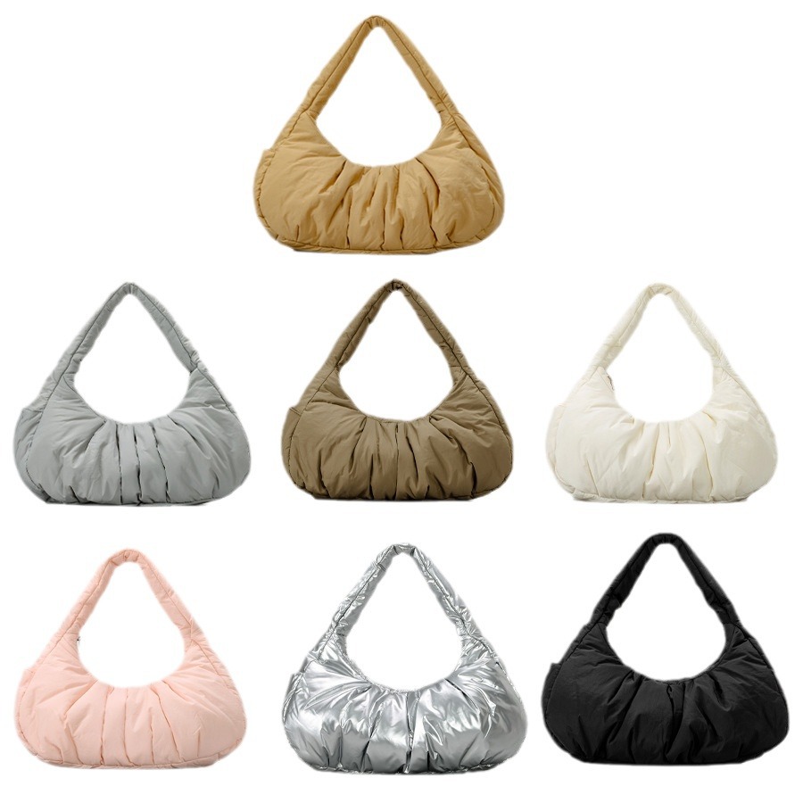 Women's Bag Simple And Lightweight Niche Crescent Shoulder Bag Nylon Cloth Padded Cloud Armpit Bag Pleated Large Capacity Handbag_voghion.com
