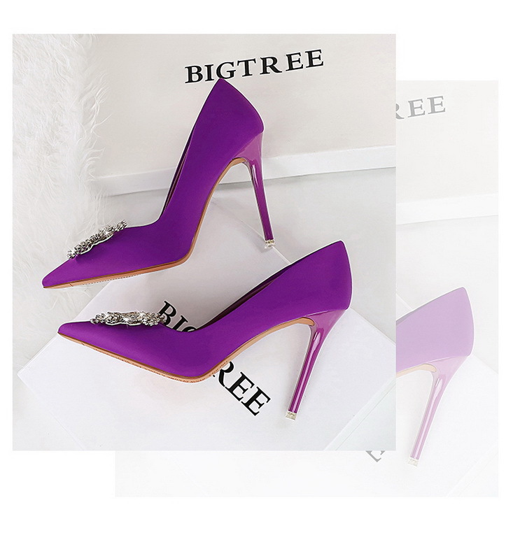 High heels Satin light mouth pointed metal rhinestone bow single shoe women's high heels_voghion.com