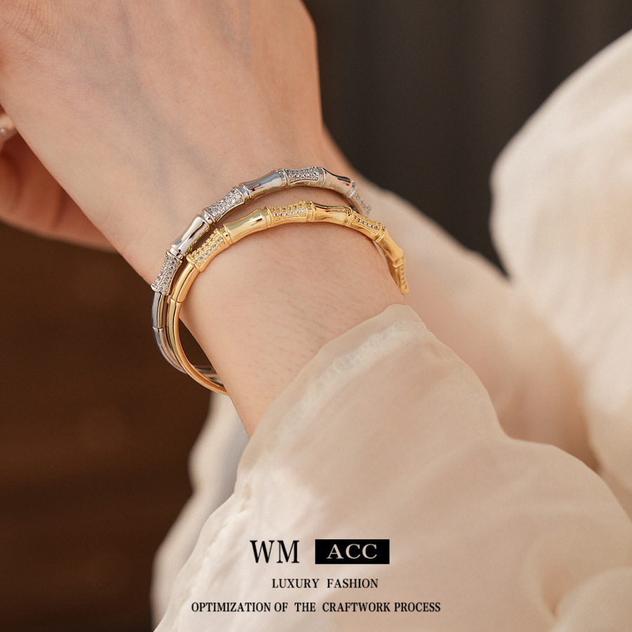 Pulsera con hebilla de bambú de circón galvanizado en oro real, nueva pulsera exquisita de todo fósforo de estilo chino, joyería de moda de alta gama de lujo ligero