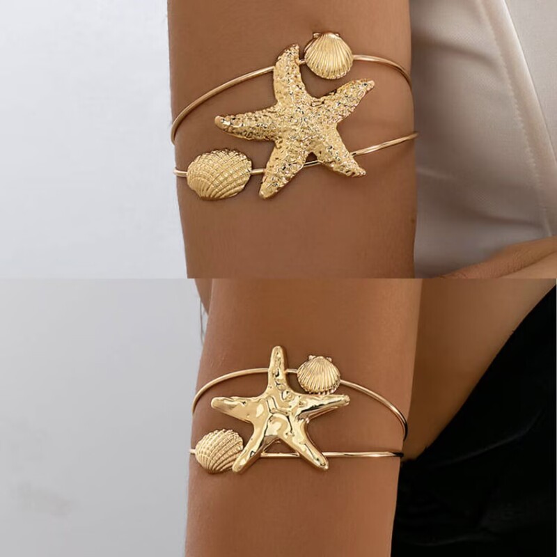 European and American Fashion Ocean Style Golden Starfish Shell Open Arm Ring Women's Holiday Style Seaside Beach Upper Arm Bracelet