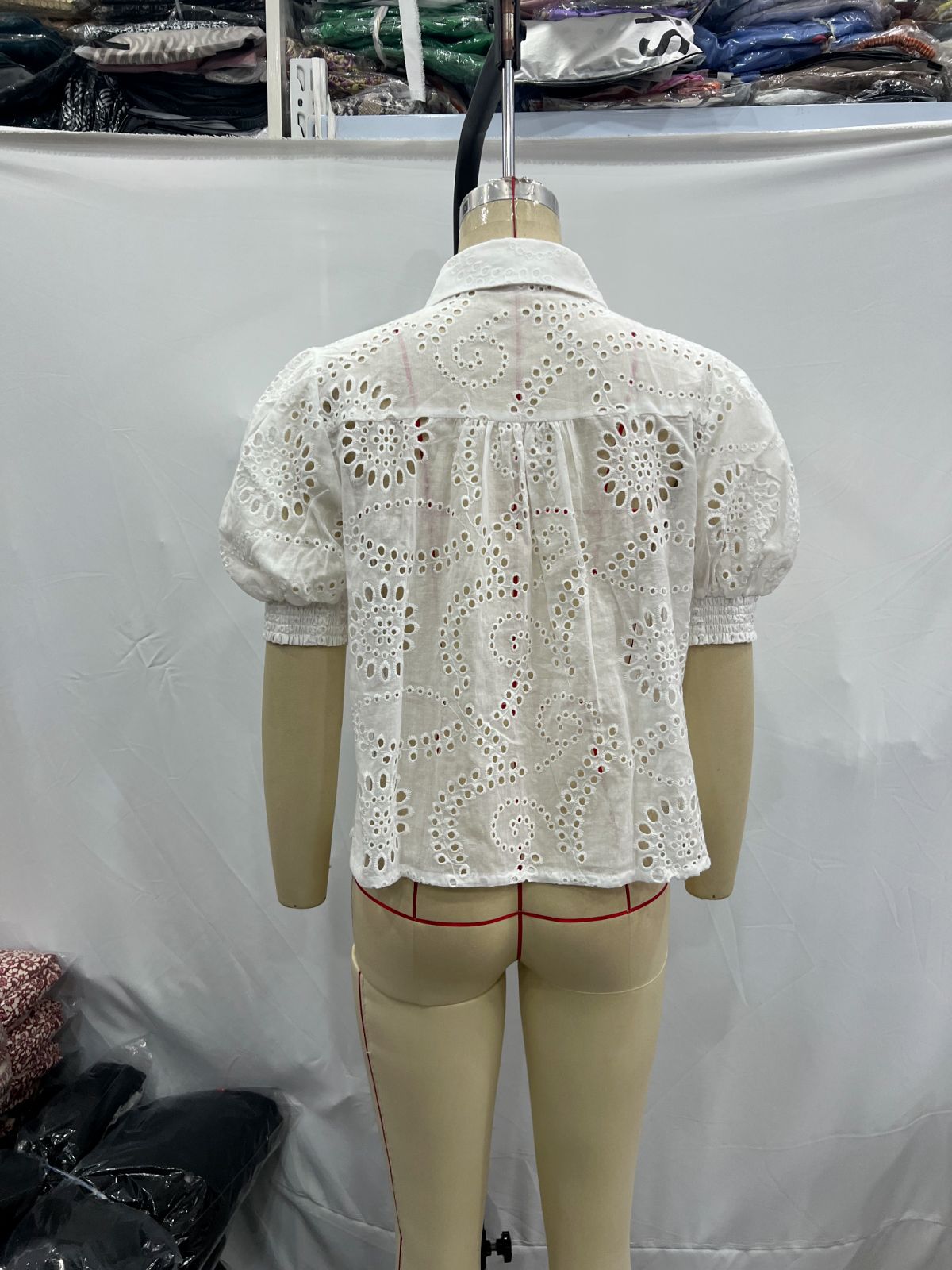 Cross-border Women's 2024 Spring and Summer New European and American Style Fashion Embroidery Hollow Puff Sleeve Lel Shirt Top for Women