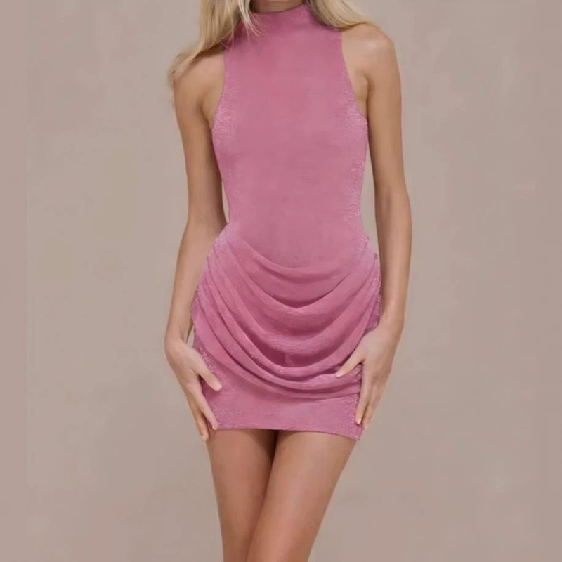 2026 Cross-Border European and American Women's Fashion Spring and Summer New Solid Color Sleeveless Half-High Collar Glitter Sexy Slim Short Dress 2026 Cross-Border European and American Women's Fashion Spring and Summer New Solid Color Sleeveless Half-High Collar Glitter Sexy Slim Short Dress