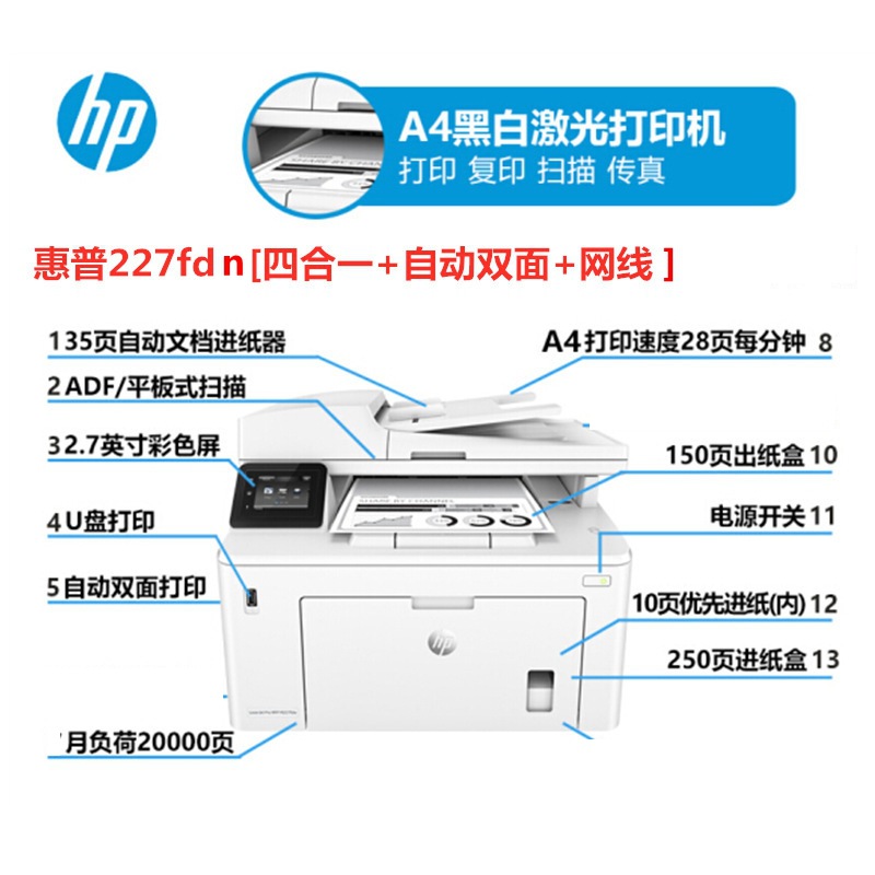 Impresora láser inalámbrica A4 de doble cara en blanco y negro Copiadora HP HPm227fdw/227sdn/227fdn