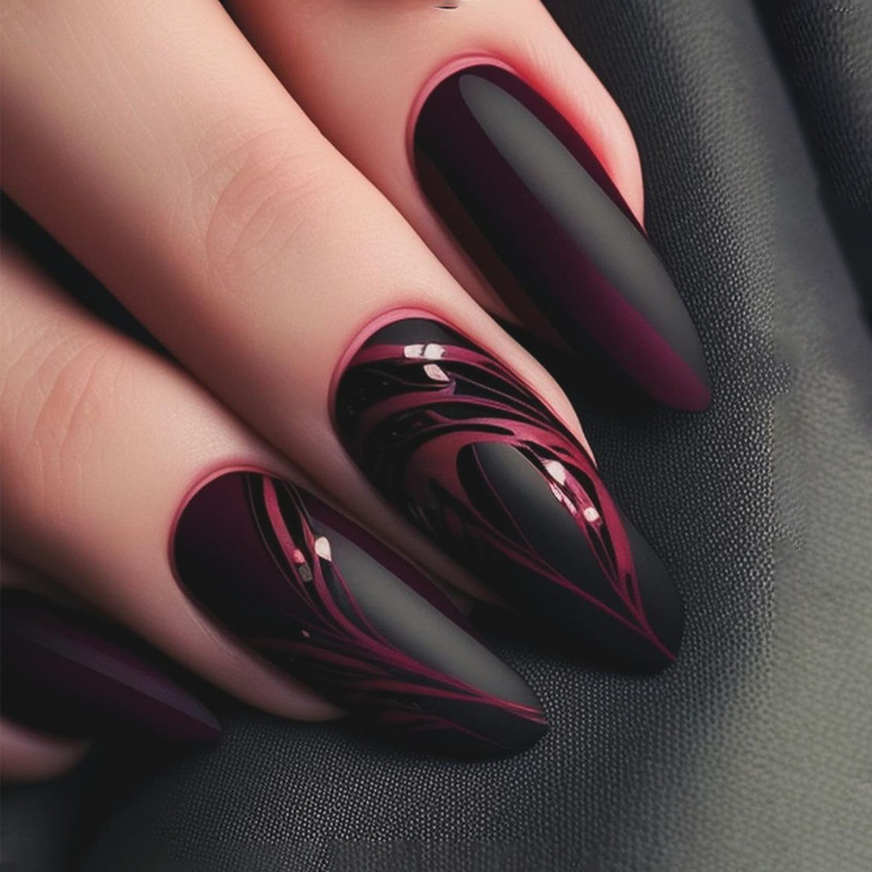 Mid-length Almond-shaped Autumn and Winter Black Matte Textures Simple dark red Lines False Nail Nail Nails Mid-length Almond-shaped Autumn and Winter Black Matte Textures Simple dark red Lines False Nail Nail Nails