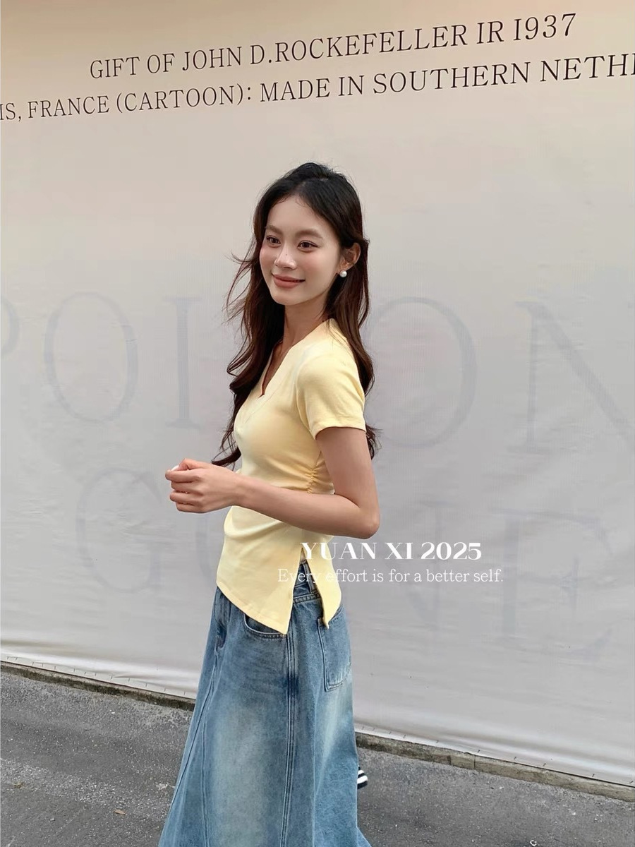 An Tinglu 2026 New Style Simple V-Neck Waist-Cinching Slit Design Slim Fit Versatile Irregular Summer Short-Sleeve Women's Top