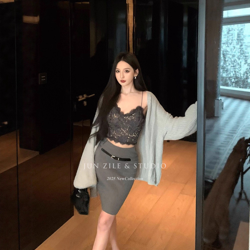 Women's Clothing Is Paired with a Complete Set of Sexy Lace Camisole Knitted Cardigan Sweater Jacket Hip-Covering Skirt Suit