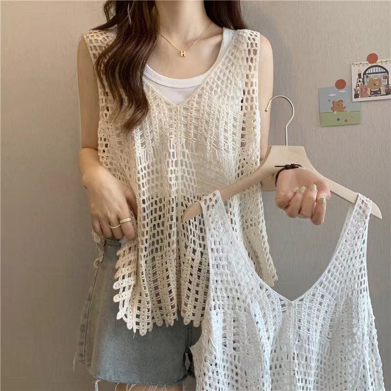 Summer Lace Korean Style Knitted Crochet Hollow Fishnet Vest Blouse with Sleeveless Vest Layered Short Top Summer Lace Korean Style Knitted Crochet Hollow Fishnet Vest Blouse with Sleeveless Vest Layered Short Top