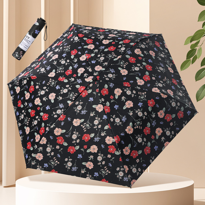 三つ折り超軽量傘日焼け止め紫外線防止傘黒ゴム傘携帯折り畳み晴れ傘両用日傘女