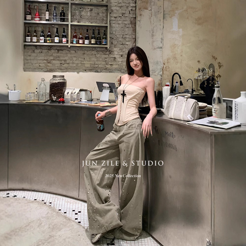 Women's Clothing Summer suit American Style Hot Girl Abdominal Shaping Clothes Fishbone Vest Outer Wear Strapless Low Waist Loose Wide Leg Trousers