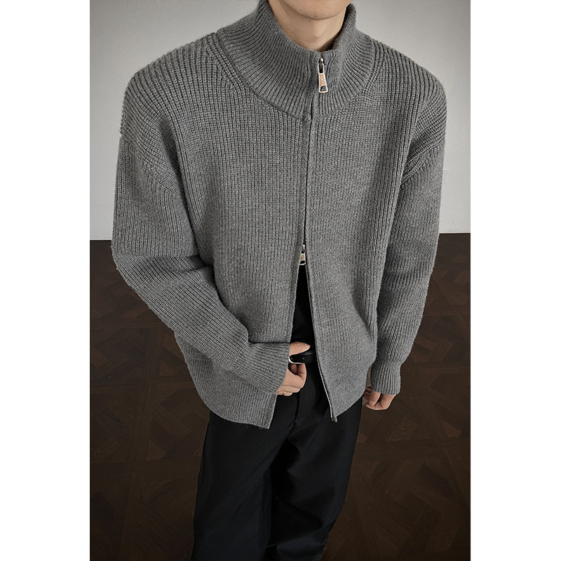 Stand Collar Zipper Sweater Jacket for Men and Women, Early Autumn Design, Solid Color, Slim Fit, American Retro Knitwear, Trendy Brand