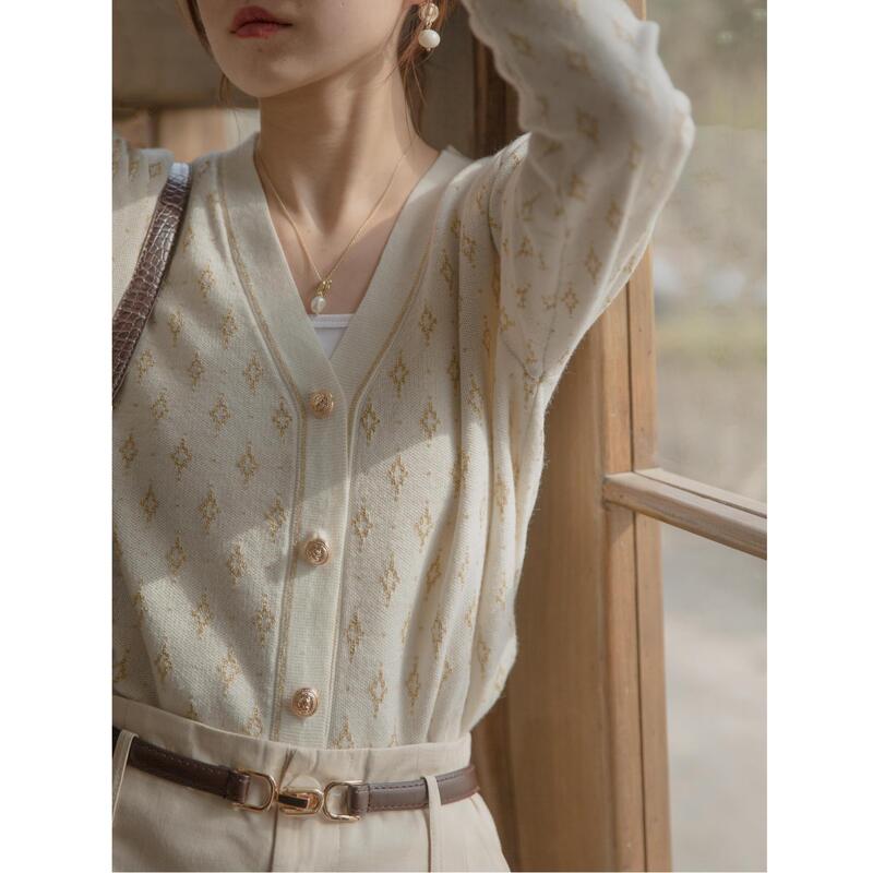 New V-neck ultra-thin micro-transparent worsted cashmere knitted cardigan women's loose gold silk sweater coat niche air conditioning shirt