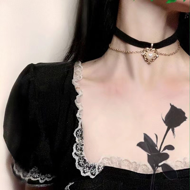 热卖网红复古宫廷风贵族气质choker项圈女爱心珍珠项链项圈锁骨链