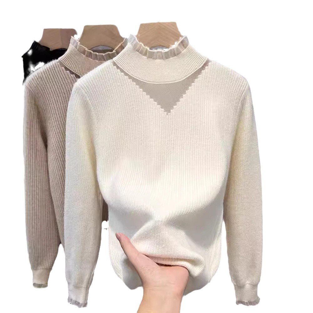 Women's Clothing Plush sweater thickened bottoming shirt ladies autumn and winter half high collar lace inner top sweater_voghion.com