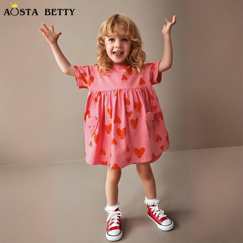 Cross-border Source Girls dress Summer New Children's Short-sleeved Children's Dress Fashion Love Printed Children's Princess Dress
